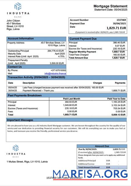 Printable Latvia AS Industra Bank mortgage statement Word and PDF template